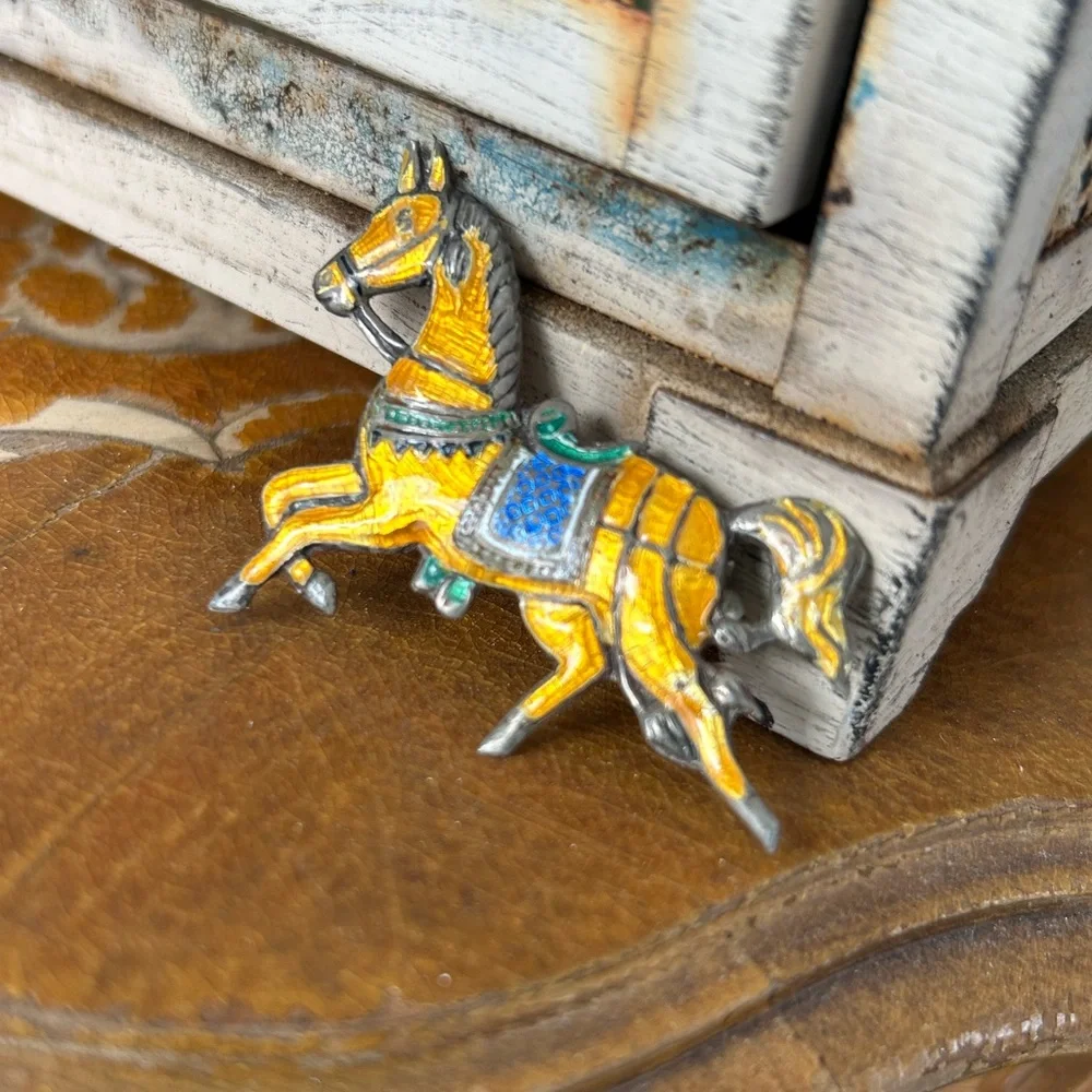 Vintage Siam Sterling Yellow Enamel Horse Brooch